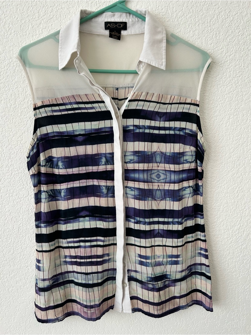 AS BY DF Sleeveless Sheer Button-Front Stripe Top - White & Navy 100% silk